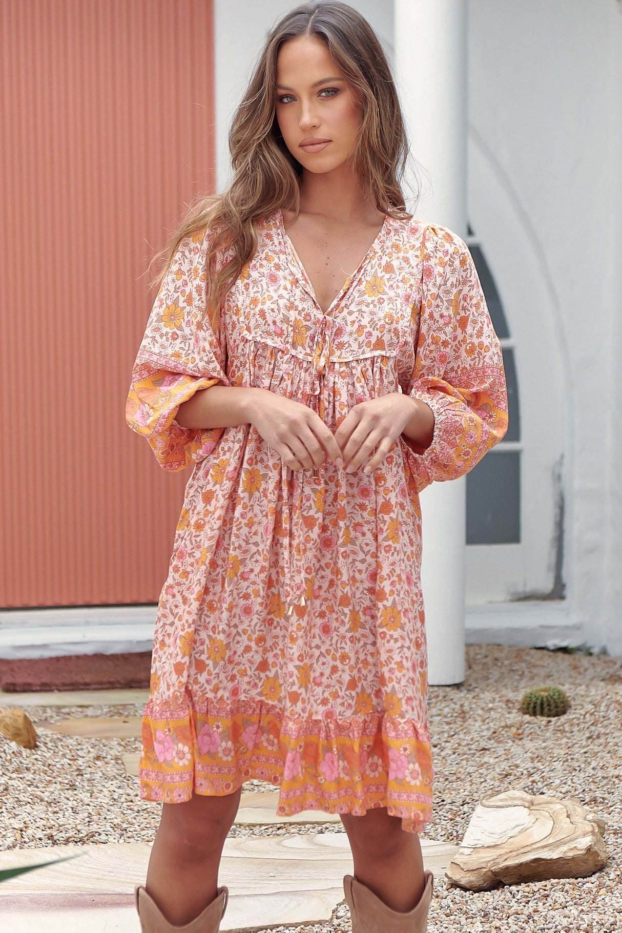 French Mini Dress - Yoke Neckline Dress with Matching Belt in Amor Print
