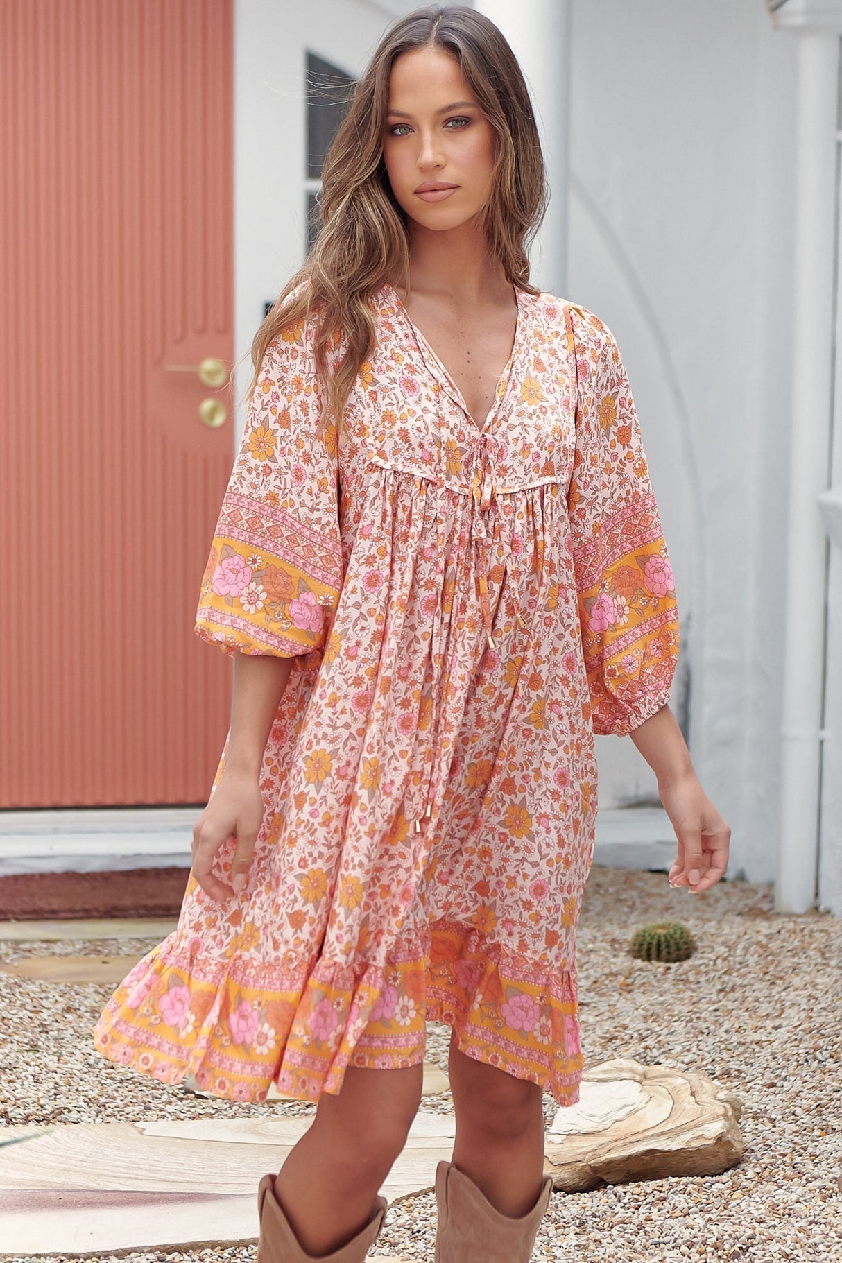French Mini Dress - Yoke Neckline Dress with Matching Belt in Amor Print