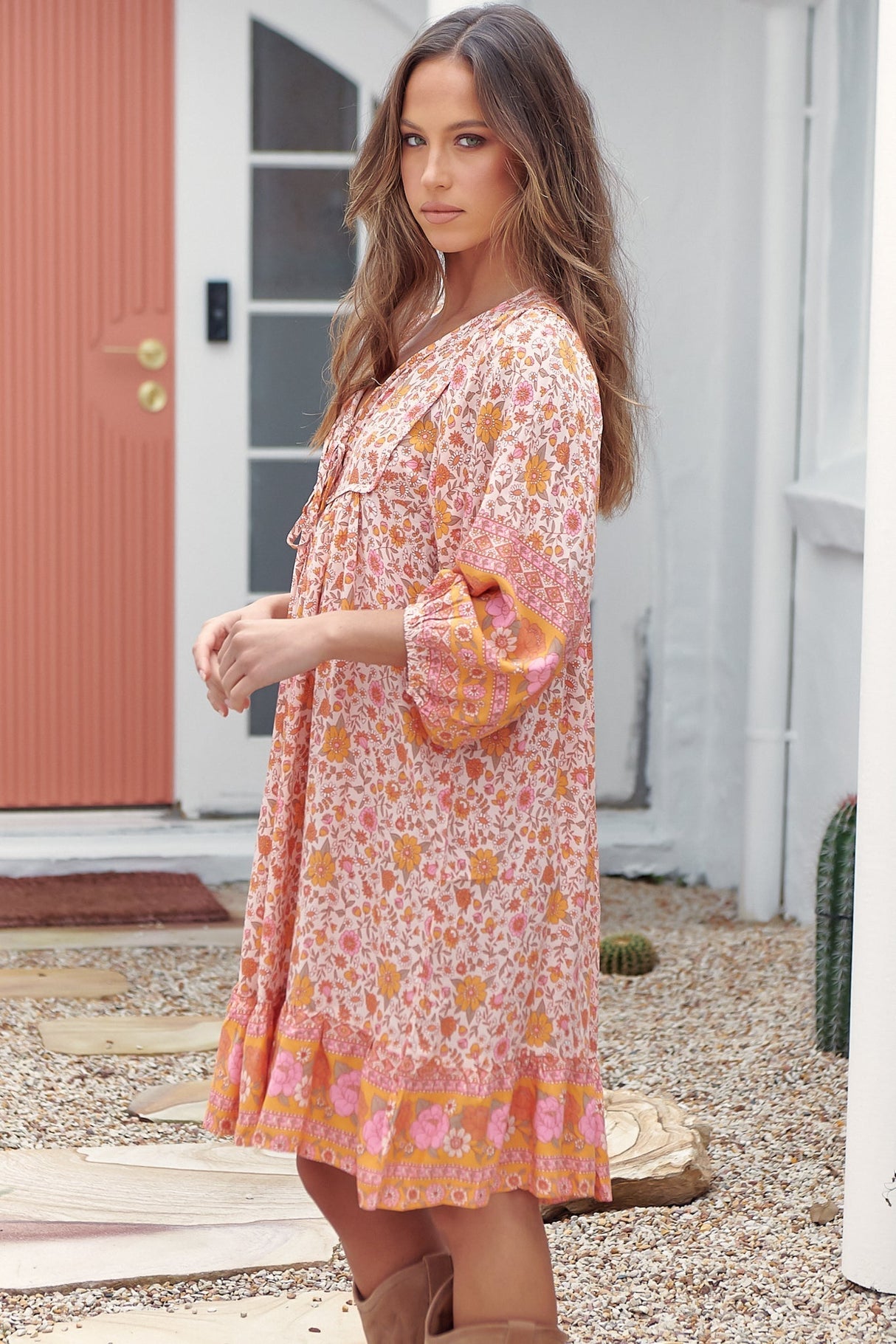 French Mini Dress - Yoke Neckline Dress with Matching Belt in Amor Print