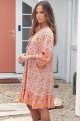 French Mini Dress - Yoke Neckline Dress with Matching Belt in Amor Print