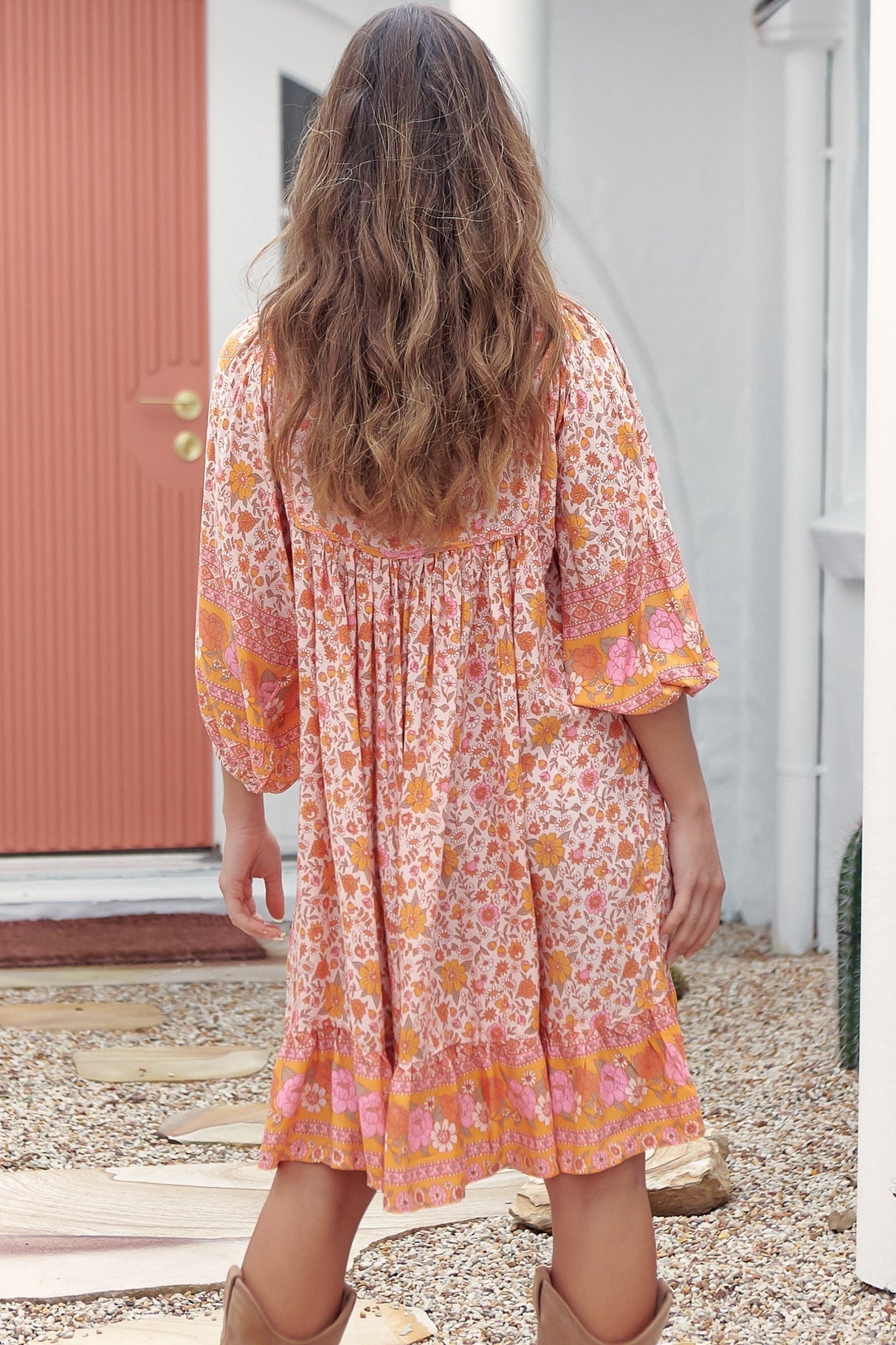 French Mini Dress - Yoke Neckline Dress with Matching Belt in Amor Print