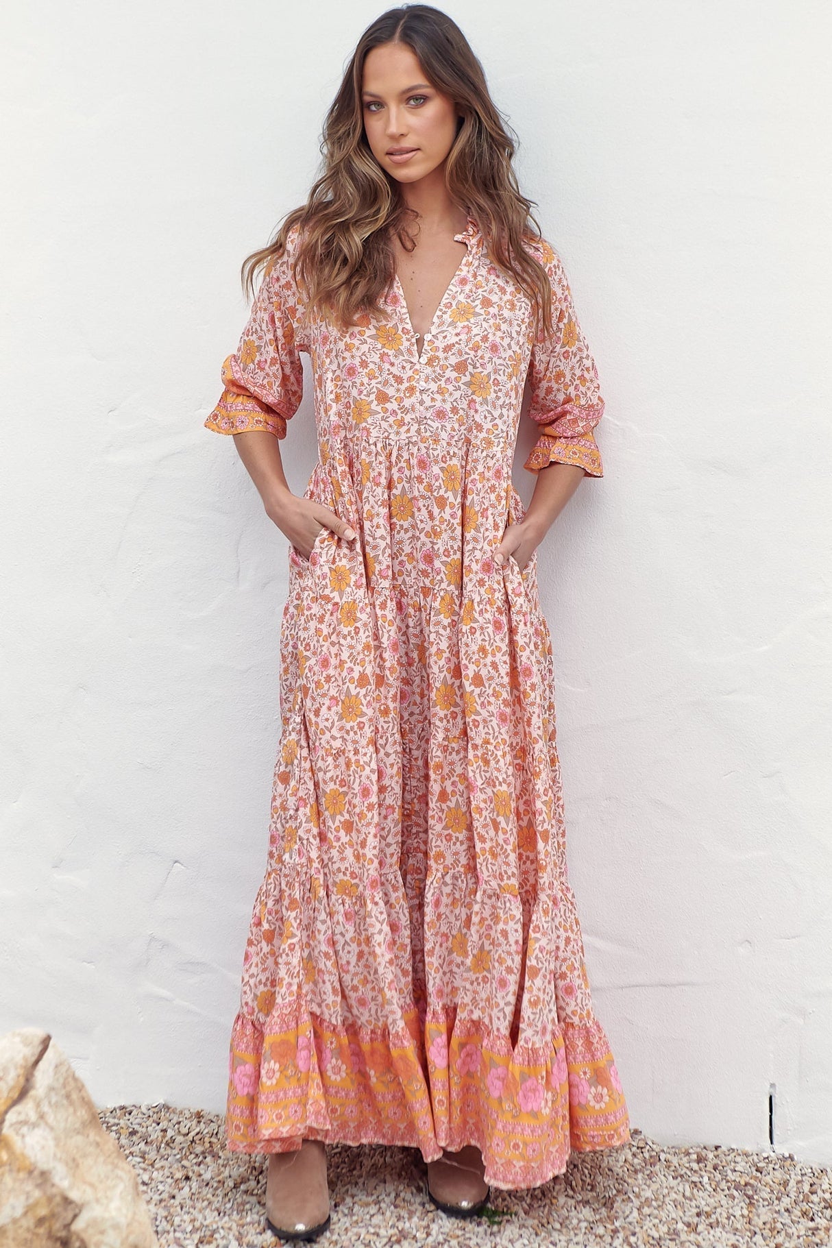JAASE - Tillie Maxi Dress: Mandarin Collar Tiered Dress in Amor Print