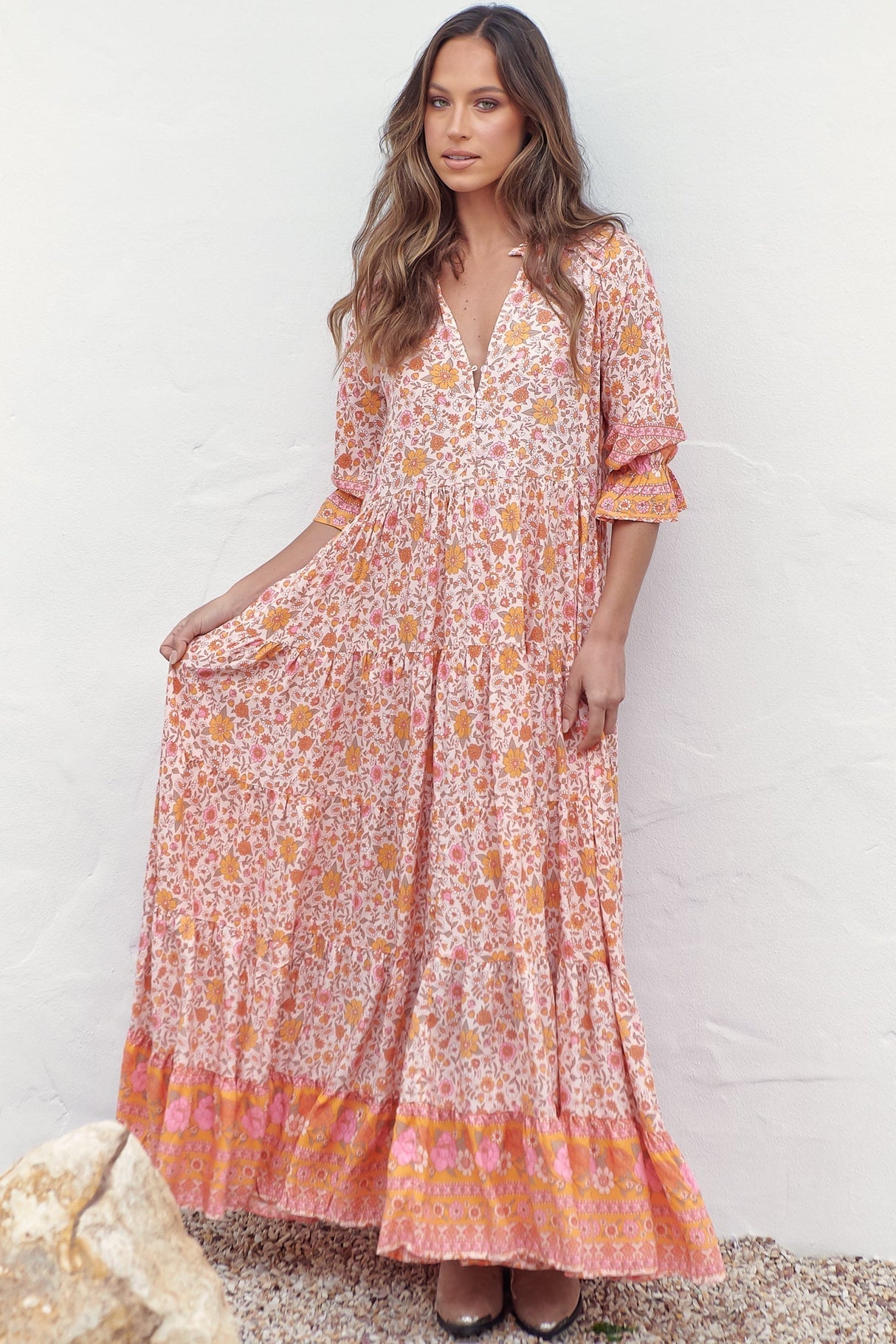 JAASE - Tillie Maxi Dress: Mandarin Collar Tiered Dress in Amor Print