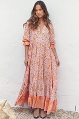 JAASE - Tillie Maxi Dress: Mandarin Collar Tiered Dress in Amor Print