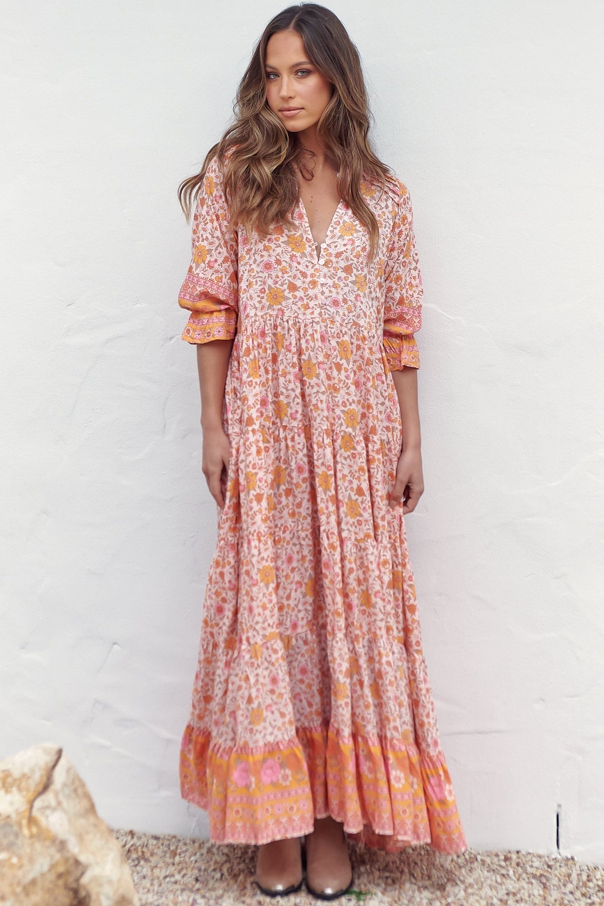 JAASE - Tillie Maxi Dress: Mandarin Collar Tiered Dress in Amor Print