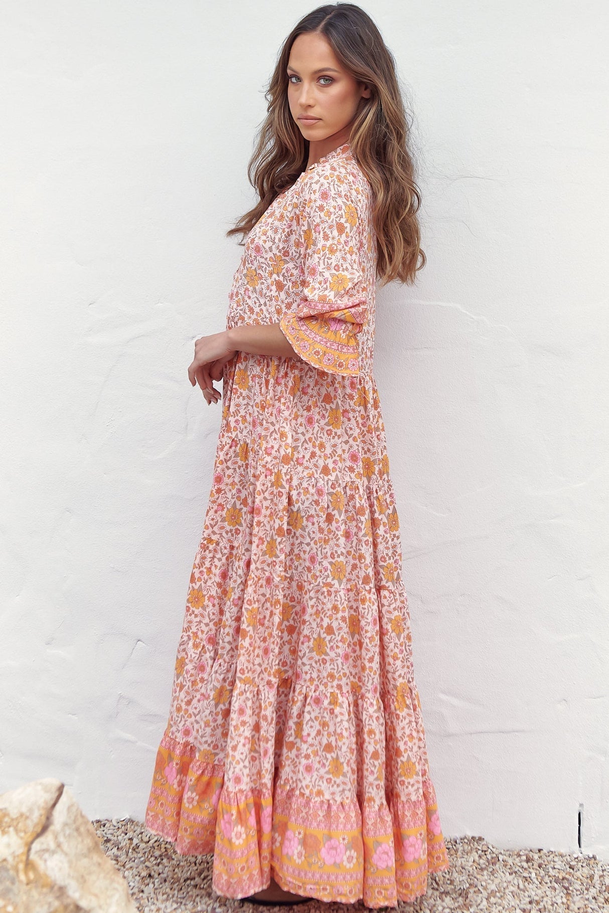 JAASE - Tillie Maxi Dress: Mandarin Collar Tiered Dress in Amor Print