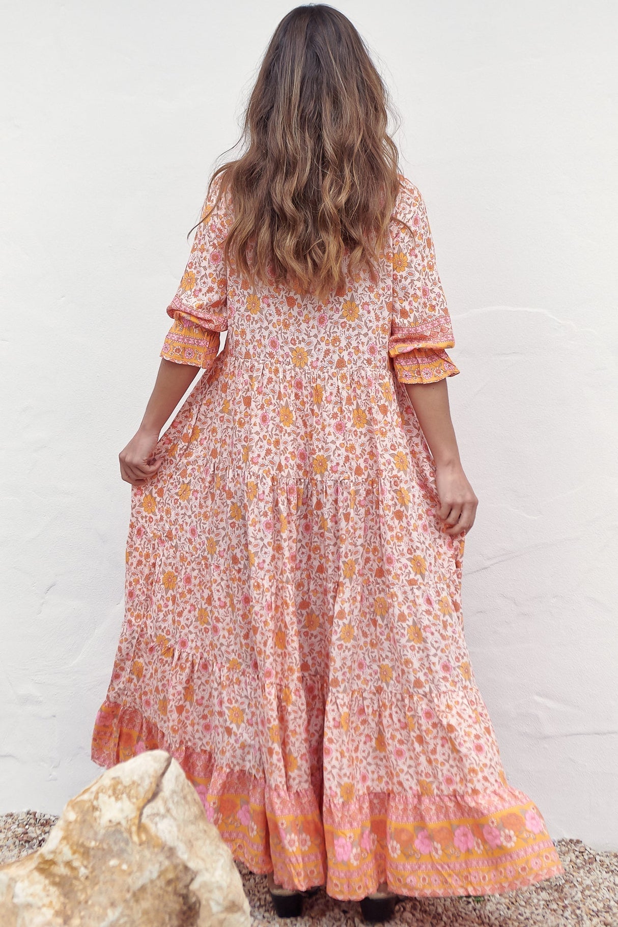 JAASE - Tillie Maxi Dress: Mandarin Collar Tiered Dress in Amor Print