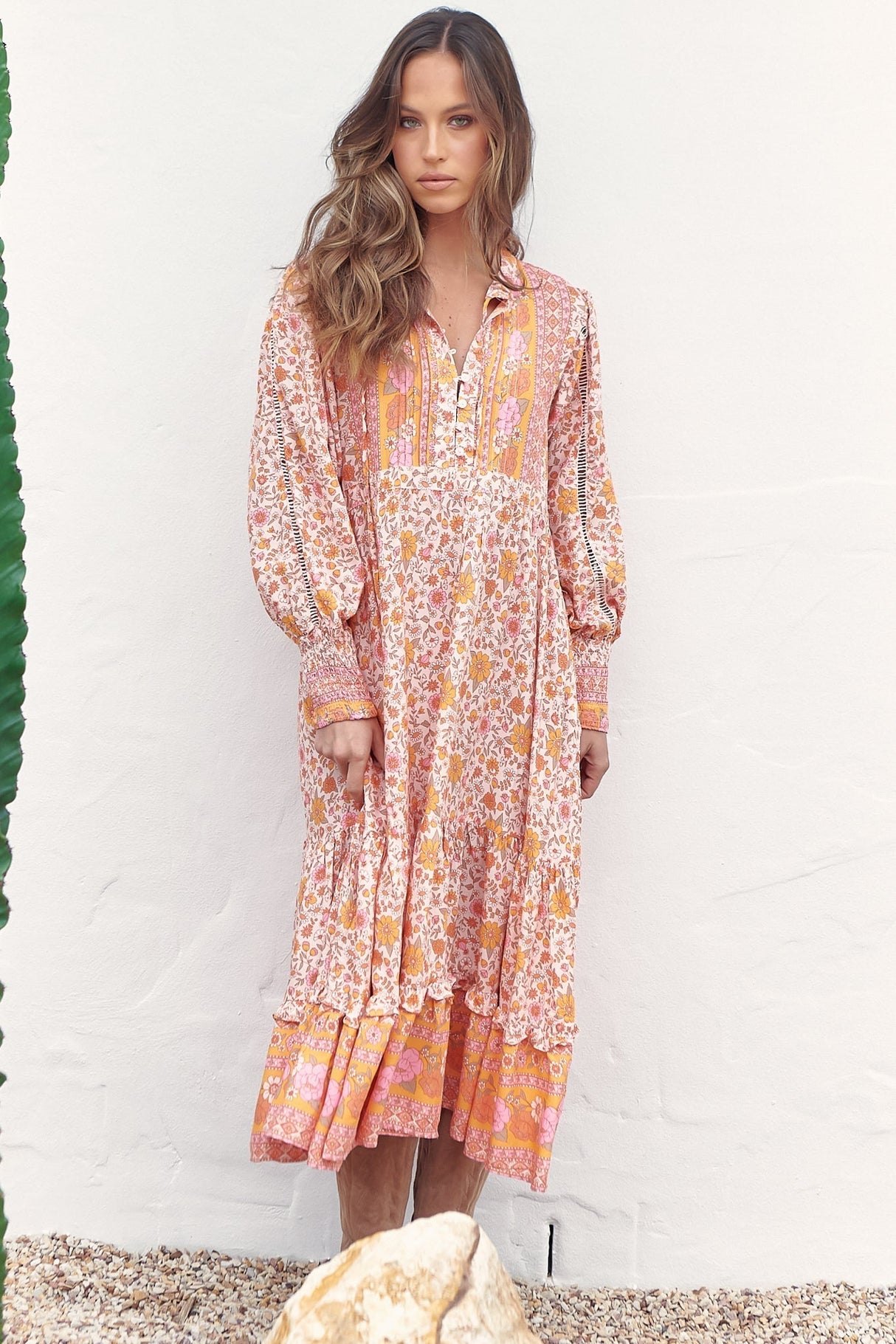 Nirvana Midi Dress - Mandarin Collar with Buttoned Bodice in Amor Print