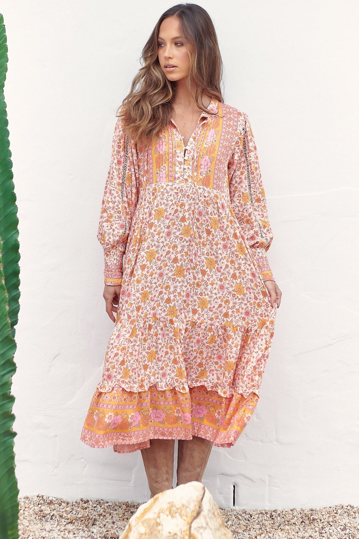 Nirvana Midi Dress - Mandarin Collar with Buttoned Bodice in Amor Print