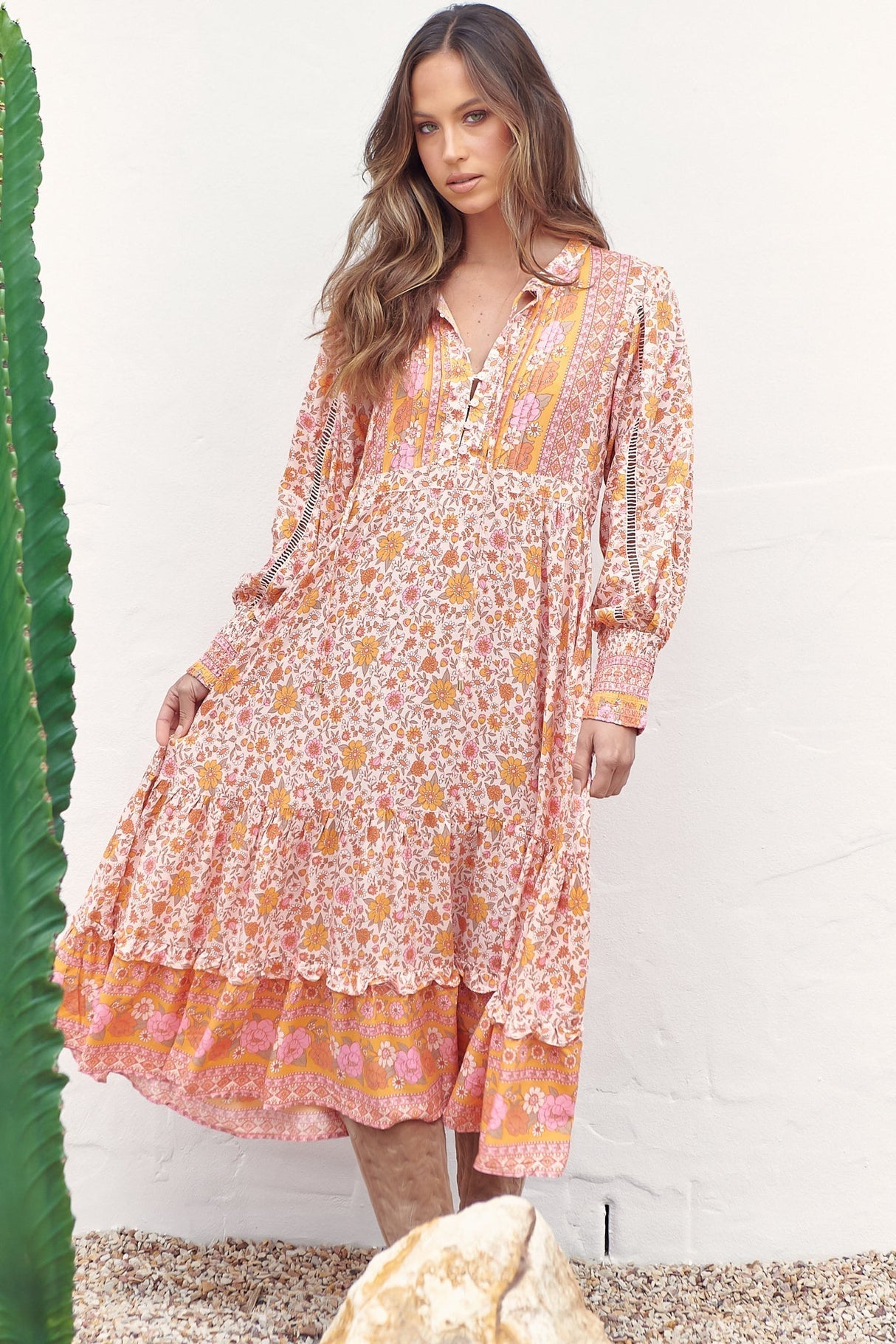 Nirvana Midi Dress - Mandarin Collar with Buttoned Bodice in Amor Print