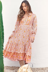 Nirvana Midi Dress - Mandarin Collar with Buttoned Bodice in Amor Print