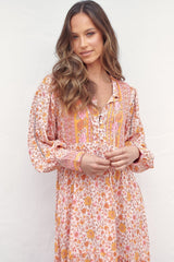 Nirvana Midi Dress - Mandarin Collar with Buttoned Bodice in Amor Print