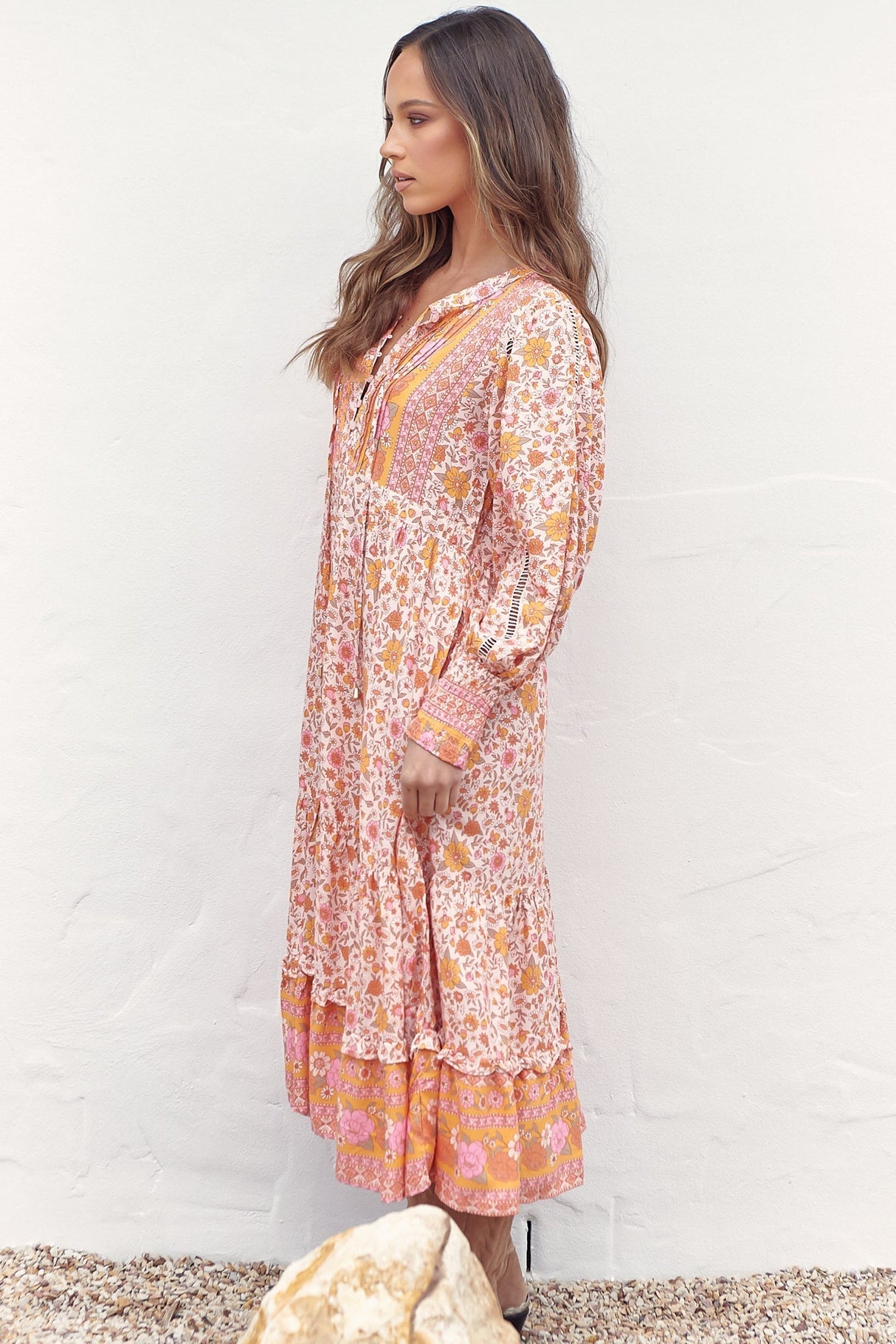 Nirvana Midi Dress - Mandarin Collar with Buttoned Bodice in Amor Print