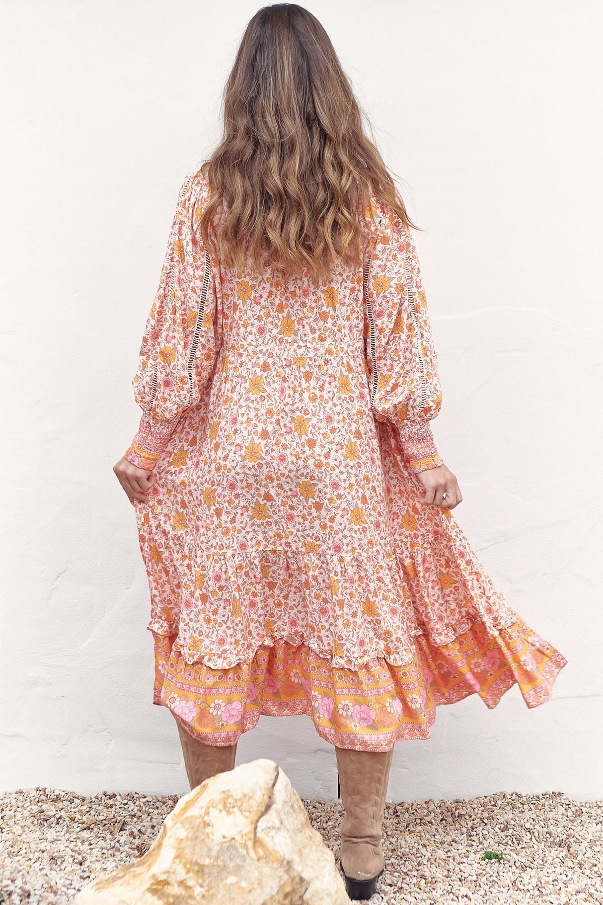 Nirvana Midi Dress - Mandarin Collar with Buttoned Bodice in Amor Print