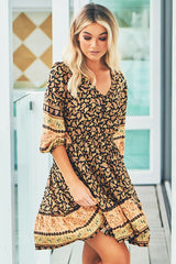 JAASE - Celine Mini Dress: V Neck Elasticated Waist Circle Hemline Dress in Queen of the Night Print