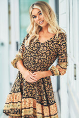 JAASE - Celine Mini Dress: V Neck Elasticated Waist Circle Hemline Dress in Queen of the Night Print