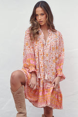 Semika Mini Dress - Mandarin Collar Button Through Smock Dress in Amor Print