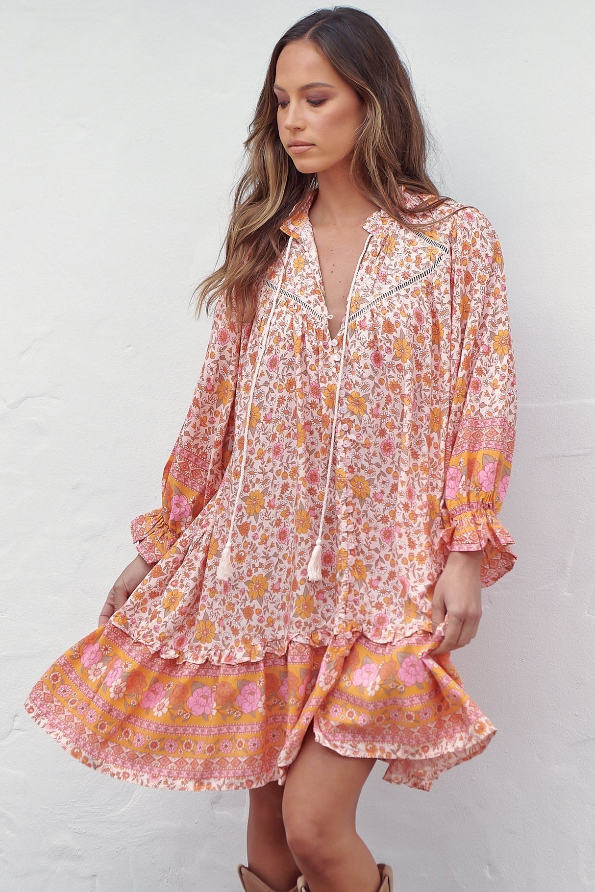 Semika Mini Dress - Mandarin Collar Button Through Smock Dress in Amor Print