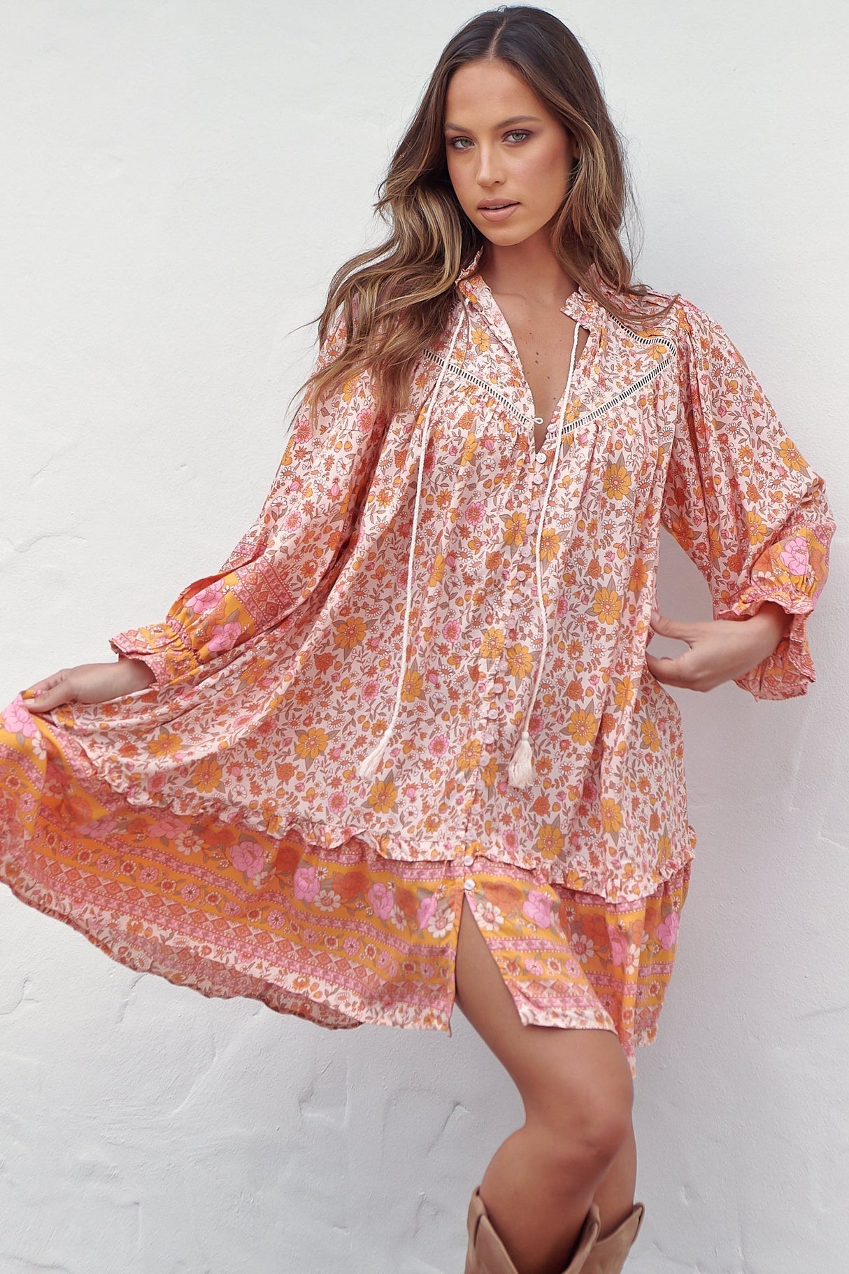 Semika Mini Dress - Mandarin Collar Button Through Smock Dress in Amor Print