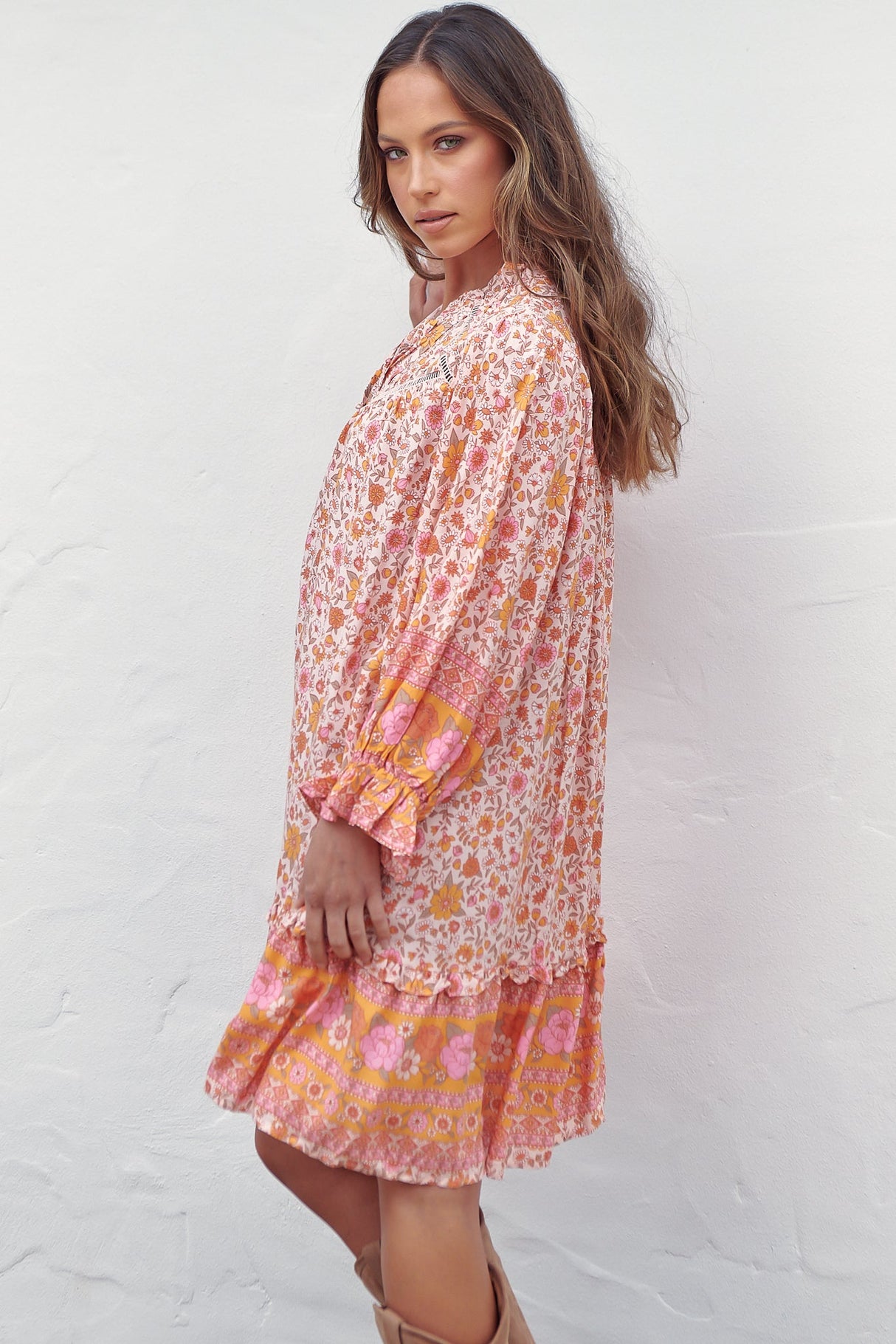 Semika Mini Dress - Mandarin Collar Button Through Smock Dress in Amor Print