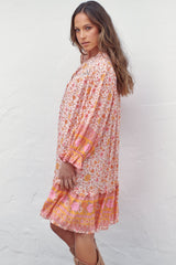 Semika Mini Dress - Mandarin Collar Button Through Smock Dress in Amor Print