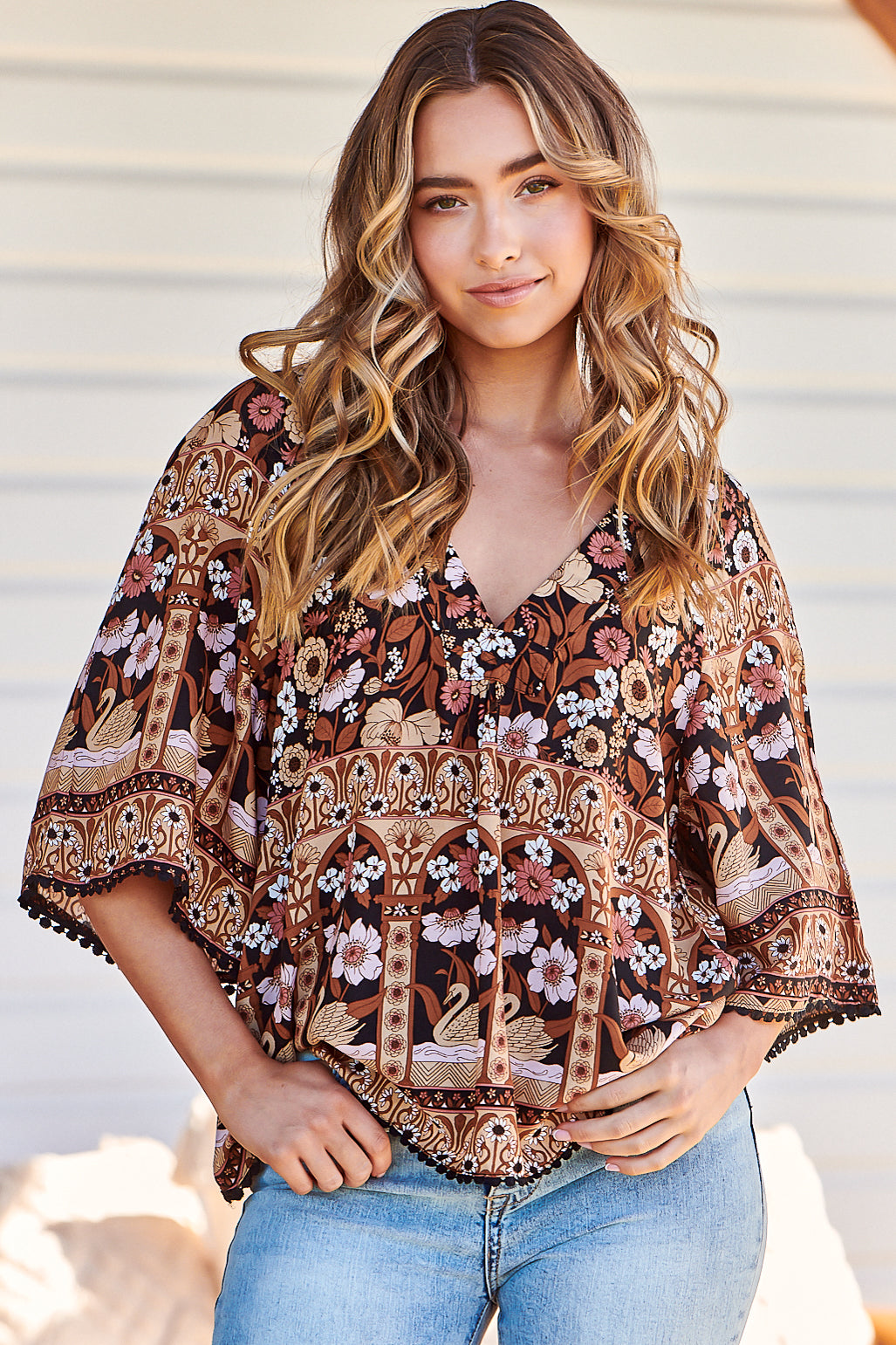 Gabriella Top Mandarin Collar Deep V Neck Crochet Trim Top Hennie Print