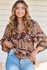 JAASE - Gabriella Top: Mandarin Collar Deep V Neck Crochet Trim Top in Hennie Print