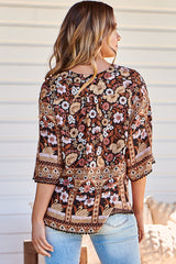 JAASE - Gabriella Top: Mandarin Collar Deep V Neck Crochet Trim Top in Hennie Print