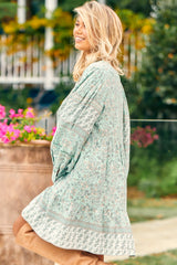 JAASE - Leo Mini Dress: Empire Waist Dress with Balloon Sleeves in Mint Paisley Print