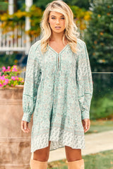 Leo Mini Dress - Empire Waist Dress with Balloon Sleeves in Mint Paisley Print