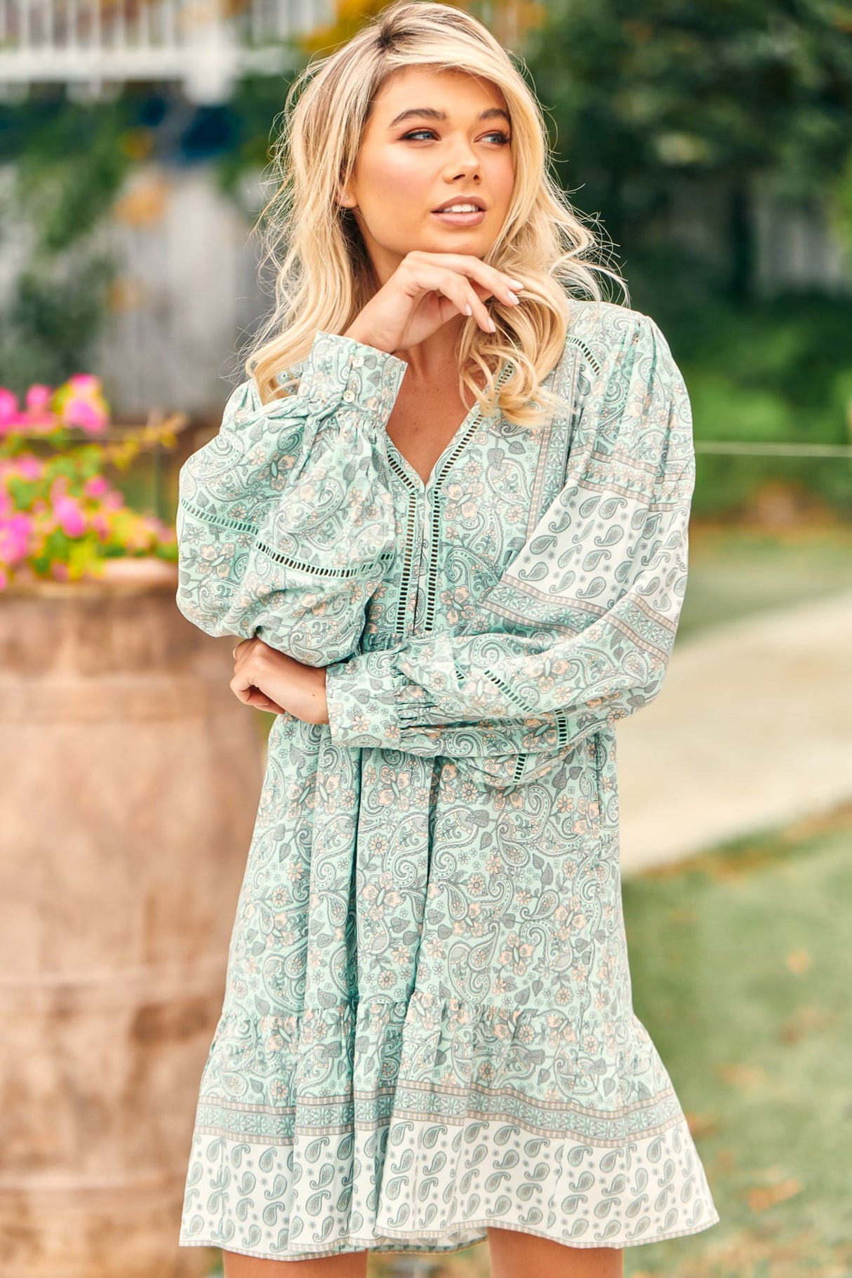 JAASE - Leo Mini Dress: Empire Waist Dress with Balloon Sleeves in Mint Paisley Print