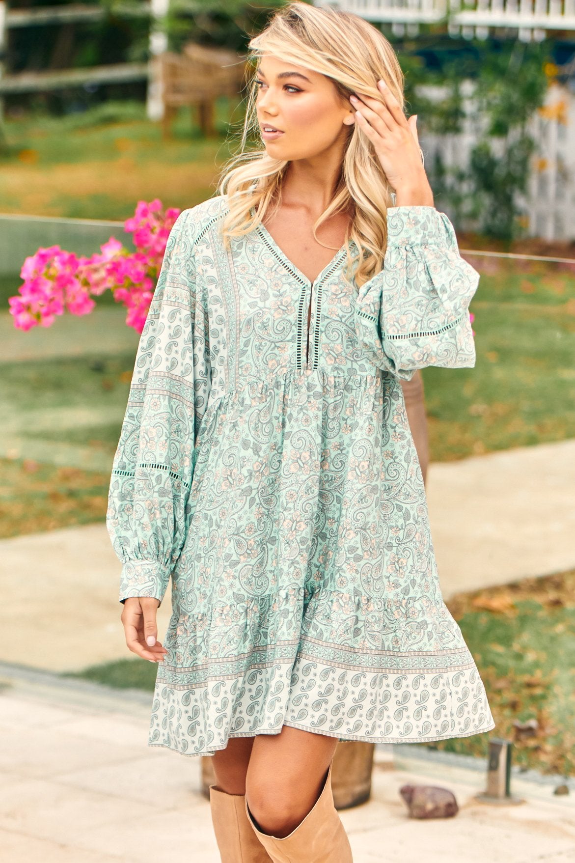 Leo Mini Dress - Empire Waist Dress with Balloon Sleeves in Mint Paisley Print