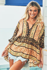 JAASE - Chloe Top: Very Oversized Crochet Trim Neckline Smock Top in Queen of the Night Print