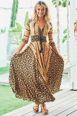 JAASE - Indiana Maxi Dress: Lace Back Shirred Waist A Line Dress with Handkerchief Hemline in Queen of the Night Print