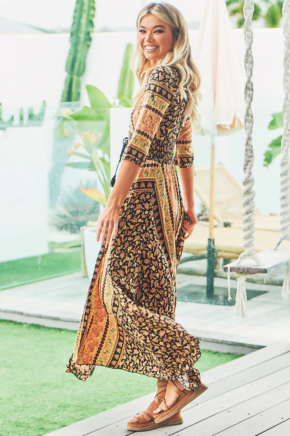 JAASE - Indiana Maxi Dress: Lace Back Shirred Waist A Line Dress with Handkerchief Hemline in Queen of the Night Print