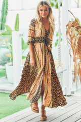 JAASE - Indiana Maxi Dress: Lace Back Shirred Waist A Line Dress with Handkerchief Hemline in Queen of the Night Print