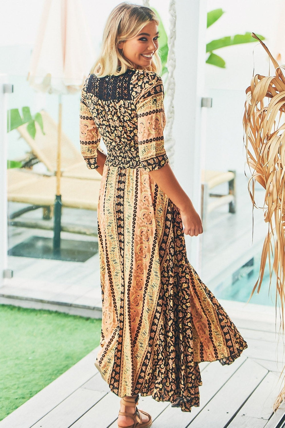 JAASE - Indiana Maxi Dress: Lace Back Shirred Waist A Line Dress with Handkerchief Hemline in Queen of the Night Print