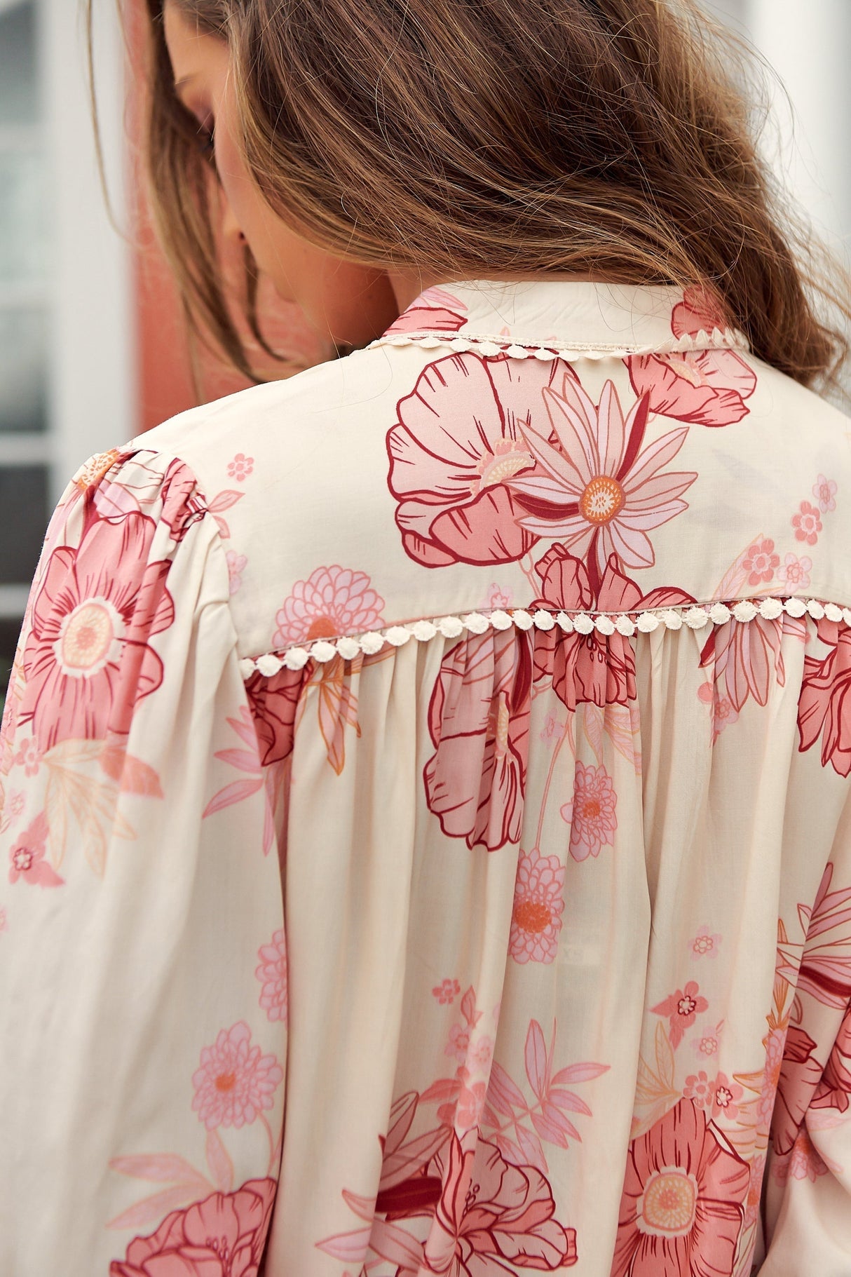 London Top - Mandarin Collar Button Down with Crochet Trims in Lucie Print