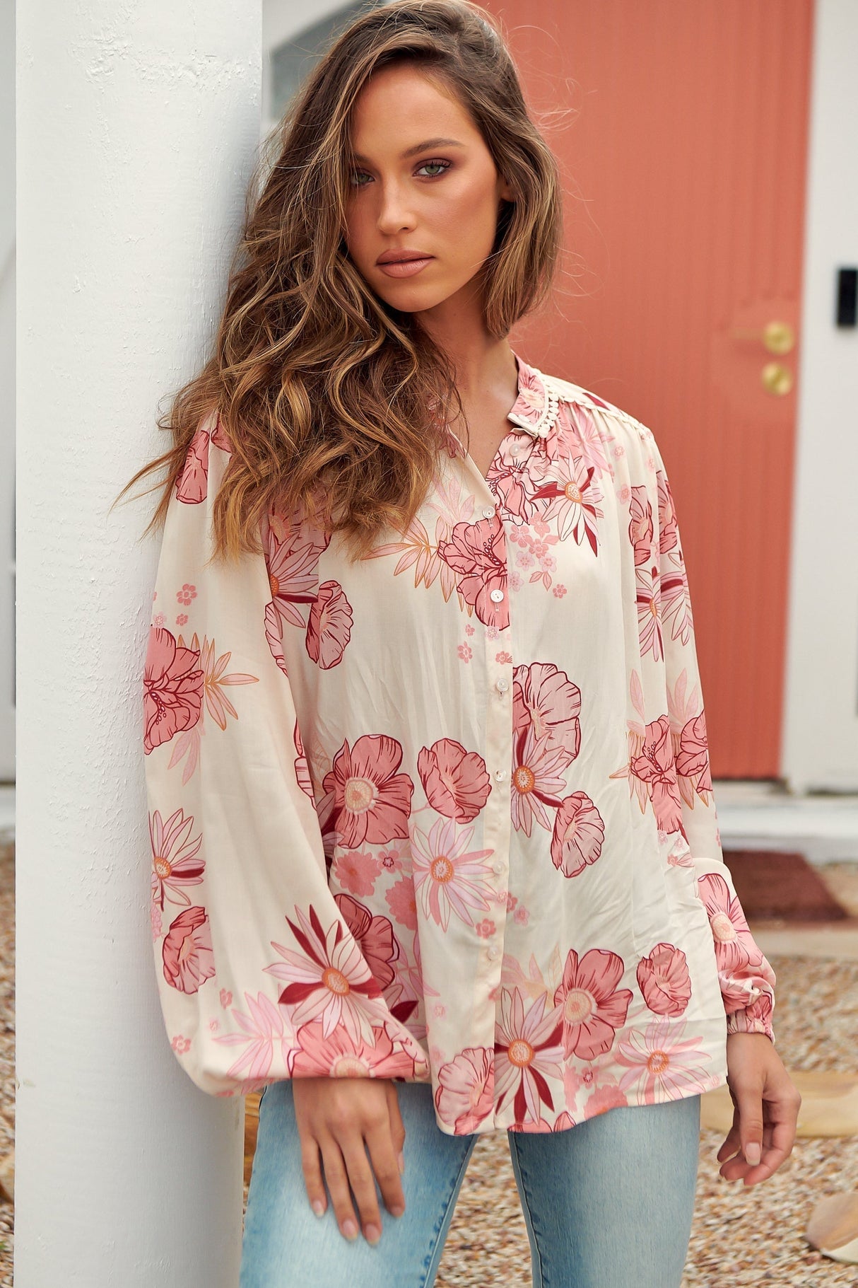 London Top - Mandarin Collar Button Down with Crochet Trims in Lucie Print