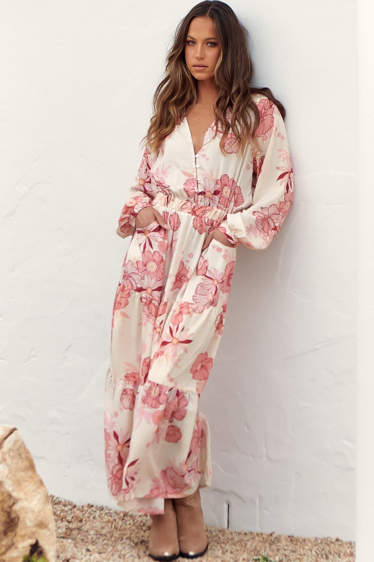 Otto Maxi Dress - Deep V Neck Long Sleeve Dress with Pockets in Lucie Print