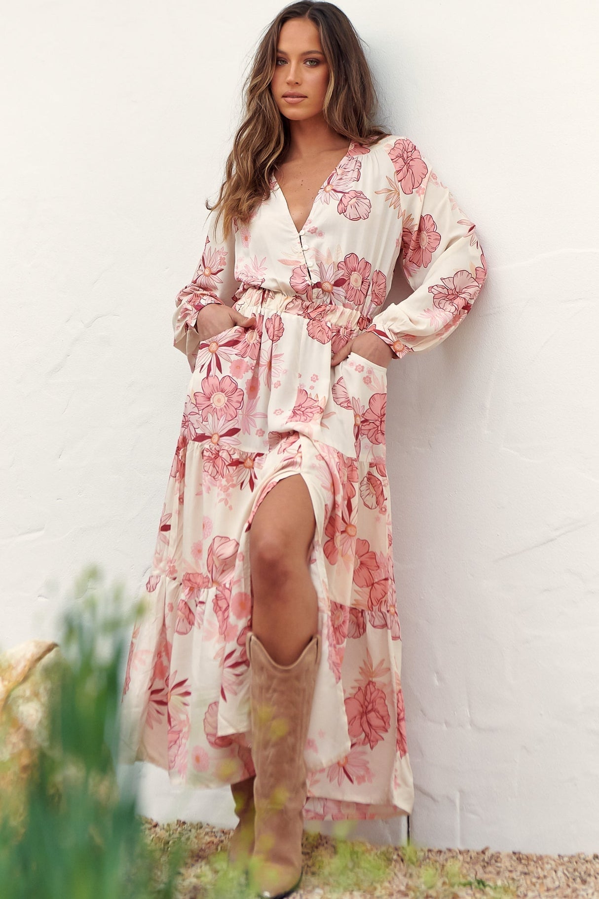 Otto Maxi Dress - Deep V Neck Long Sleeve Dress with Pockets in Lucie Print