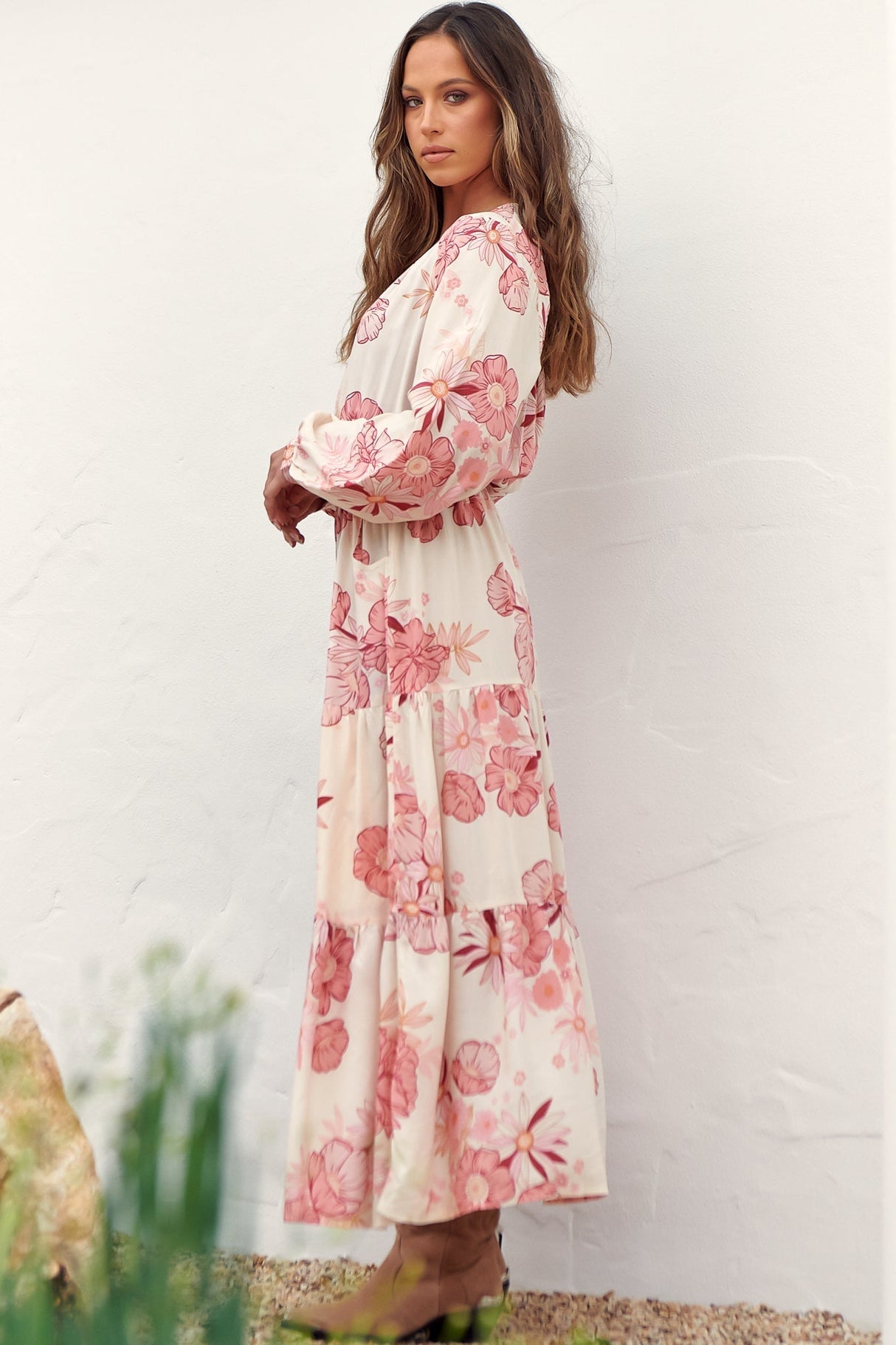Otto Maxi Dress - Deep V Neck Long Sleeve Dress with Pockets in Lucie Print