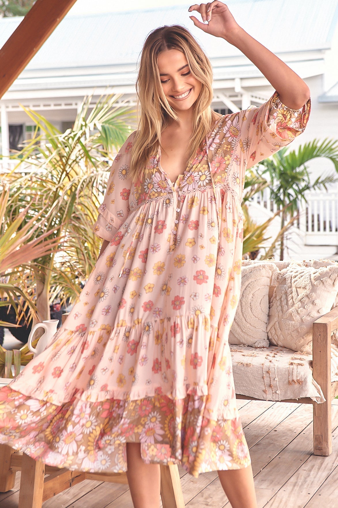 Monday Midi Dress - V Neck Crochet Bust line Smock Dress with Balloon Sleeves in Daisies Print