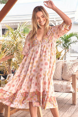 Monday Midi Dress - V Neck Crochet Bust line Smock Dress with Balloon Sleeves in Daisies Print
