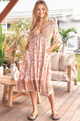 Monday Midi Dress - V Neck Crochet Bust line Smock Dress with Balloon Sleeves in Daisies Print