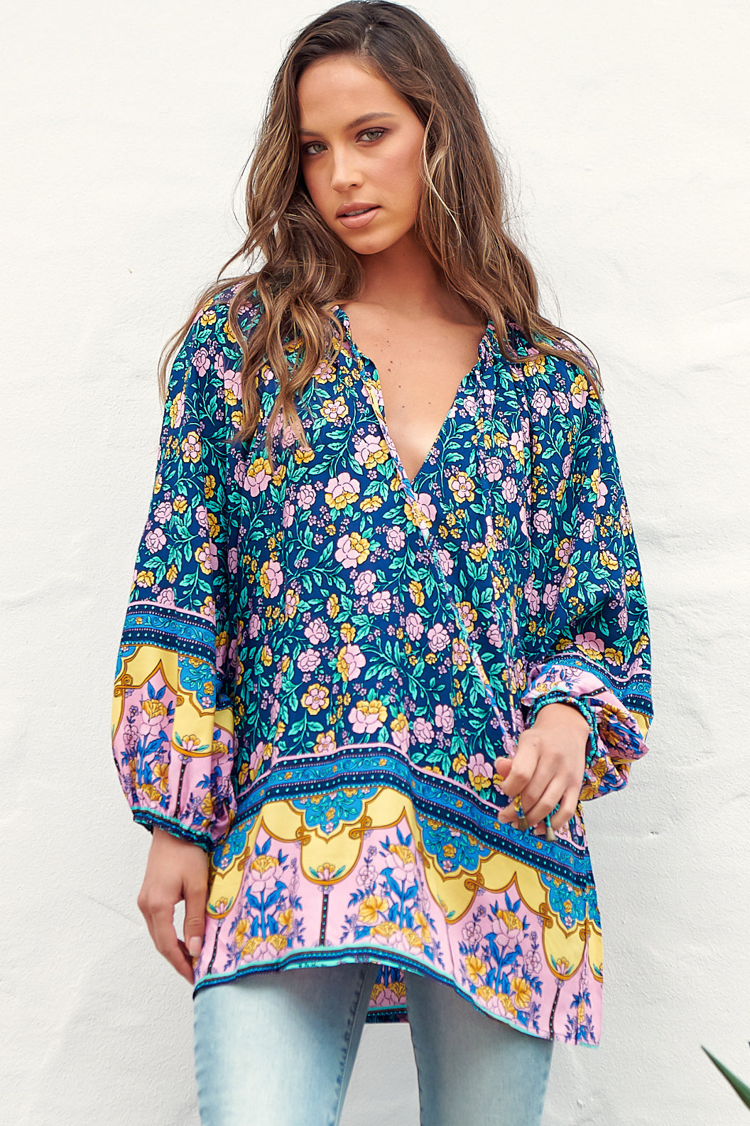 Kellie Top - Oversized Style with Mandarin Collar Top Posy Print
