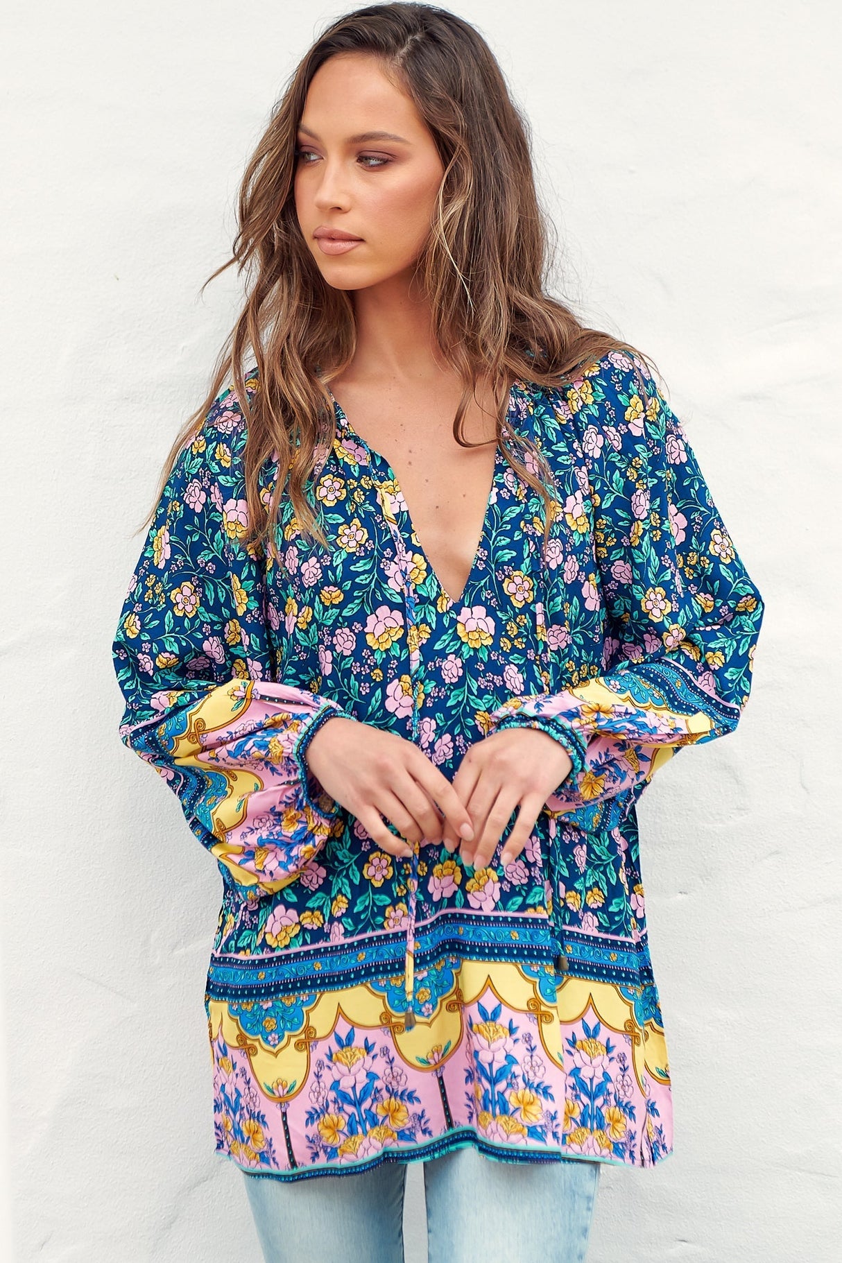 Kellie Top - Oversized Style with Mandarin Collar Top Posy Print