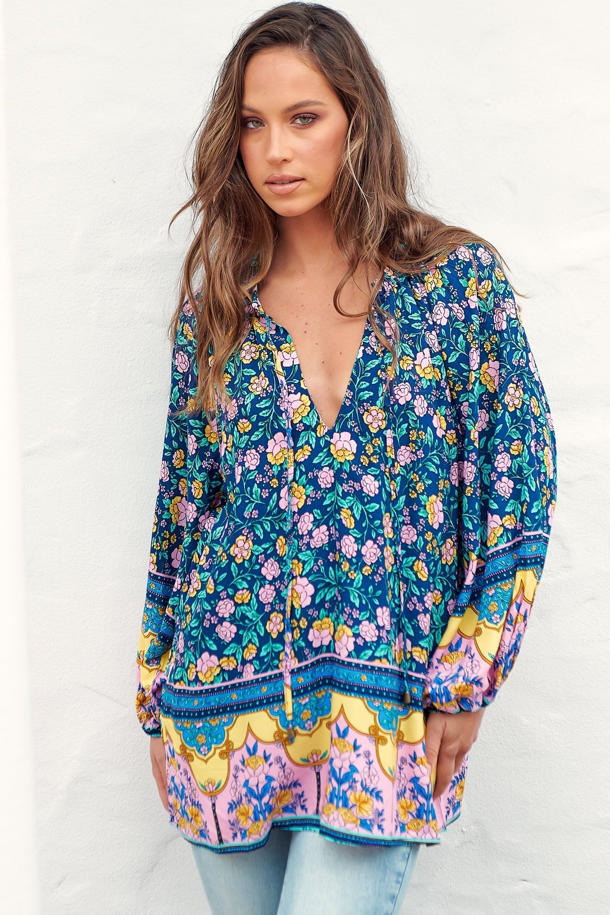 Kellie Top - Oversized Style with Mandarin Collar Top Posy Print