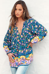 Kellie Top - Oversized Style with Mandarin Collar Top Posy Print