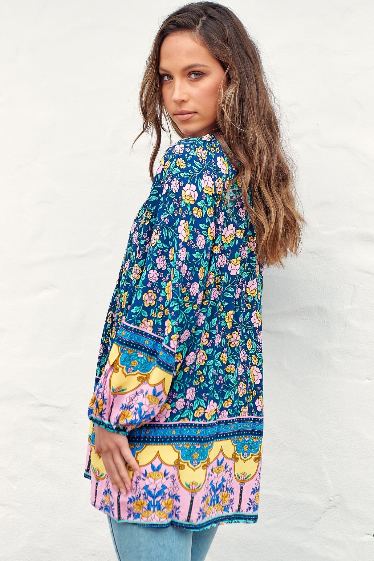 Kellie Top - Oversized Style with Mandarin Collar Top Posy Print